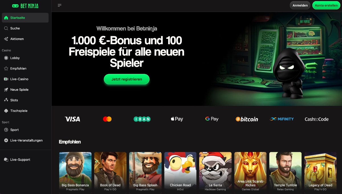 Betninja lockt als Casinos ohne LUGAS mit dem höchsten absoluten Bonusbetrag von bis zu 1.000 Euro und überzeugt durch eine erstklassige Kombination aus Live-Casino-Action und vielfältigen Sportwetten.